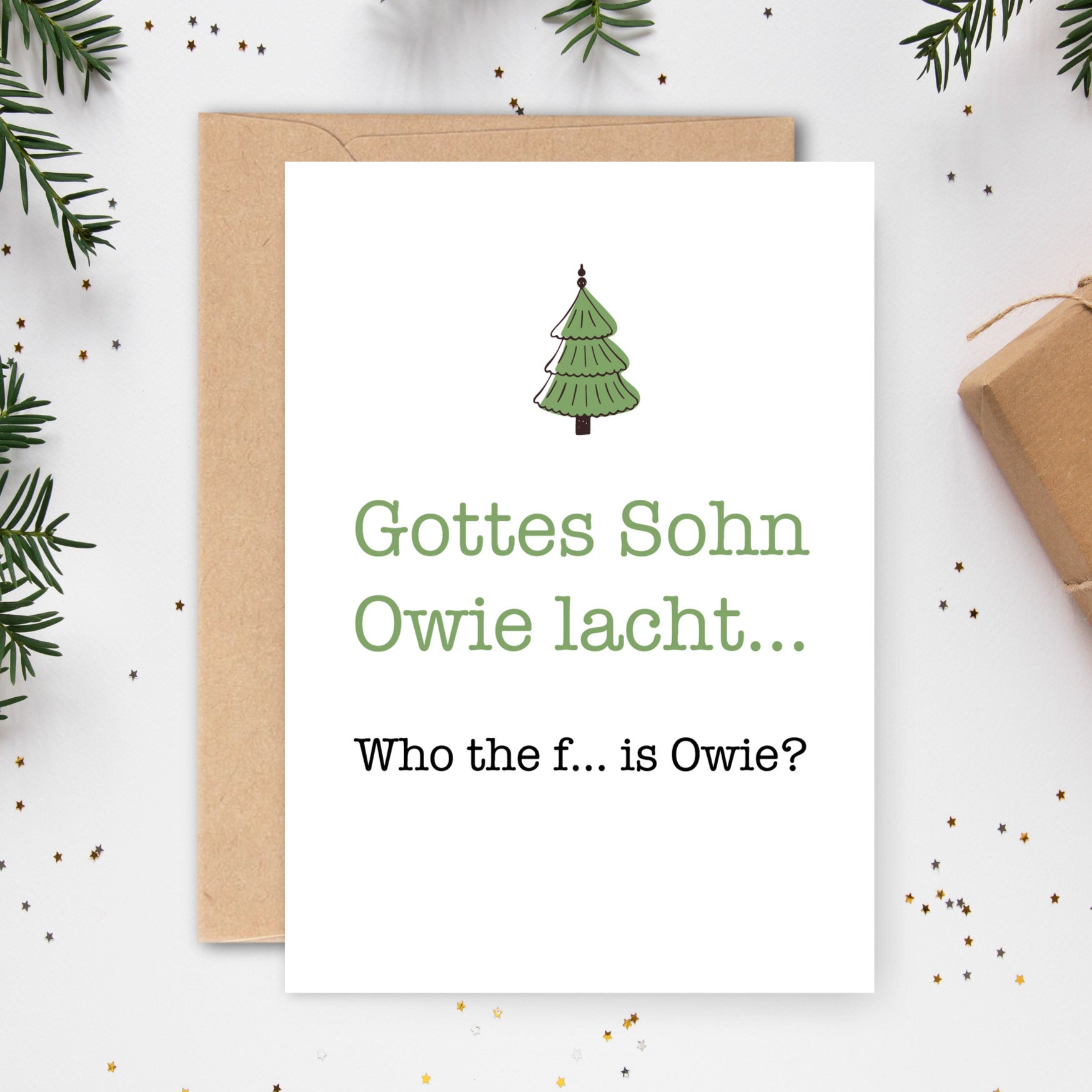 Weihnachtskarte: Gottes Sohn Owie lacht... weiß - Individuelle Einladung